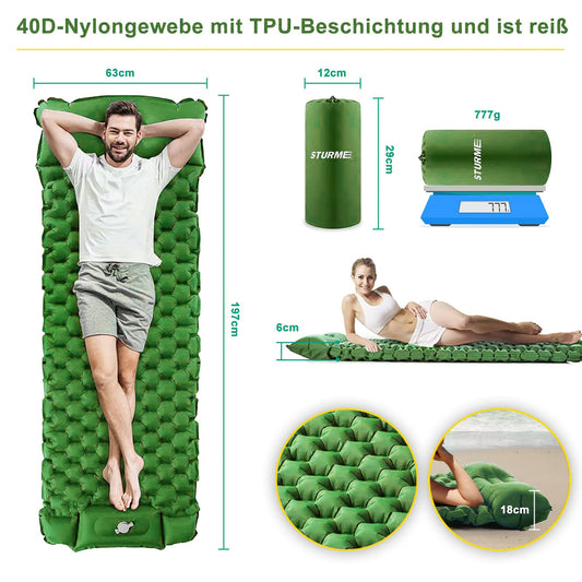 STURME Camping Mat Self Inflating Sleeping Pad with Foot Pump, Outdoor Inflatable Air Mattress Ultralight Sleeping Pad, Durable Mattress, Foldable Sleeping Mat with Pillow for Hiking, Outdoor - Green