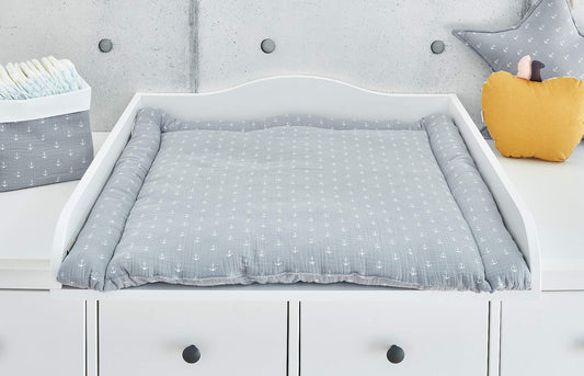 KraftKids MUM112 changing mat in muslin grey anchor, changing mat 75x70 cm (WxD), changing pillow, multicolored, 630 g