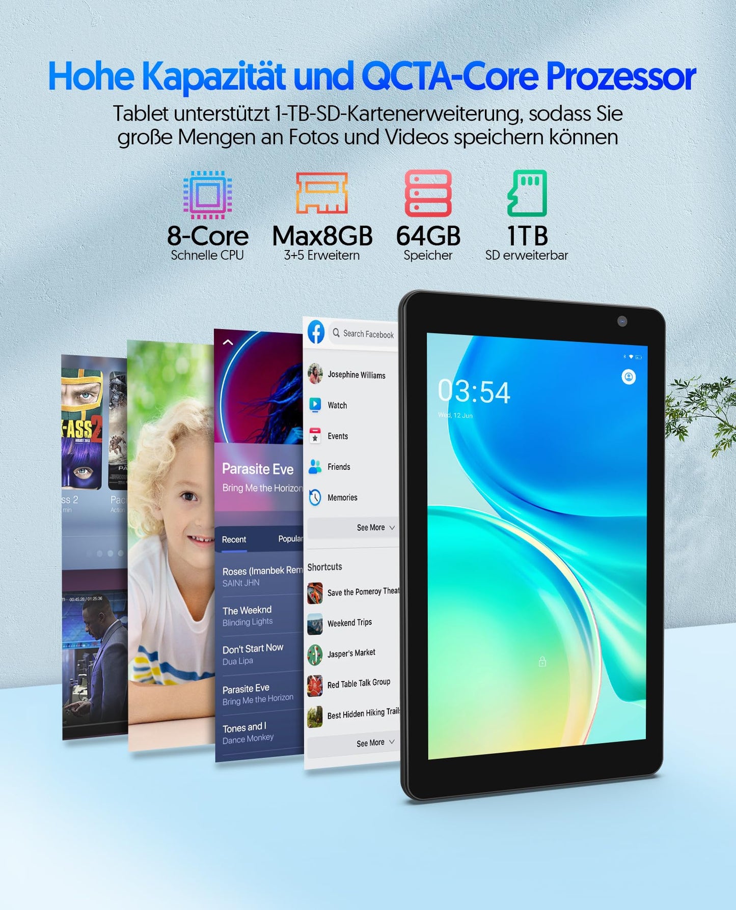 7-inch BAKEN tablet, Android 14 tablet with 8GB RAM+64GB ROM, 1TB expansion, Octa-Core processor tablet PC, 600 x 1024 IPS HD screen, 3500mAh battery, dual camera, WiFi (Black).