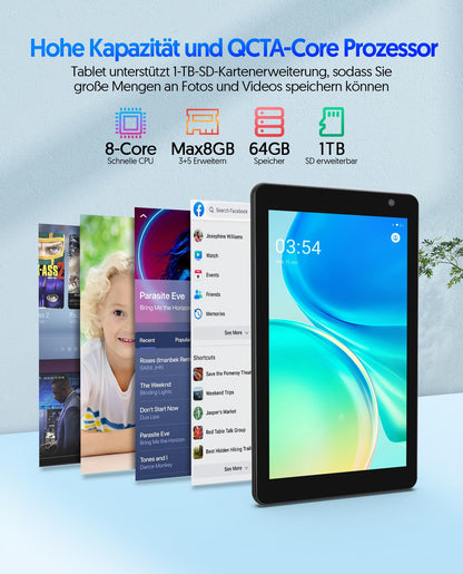 7-inch BAKEN tablet, Android 14 tablet with 8GB RAM+64GB ROM, 1TB expansion, Octa-Core processor tablet PC, 600 x 1024 IPS HD screen, 3500mAh battery, dual camera, WiFi (Black).
