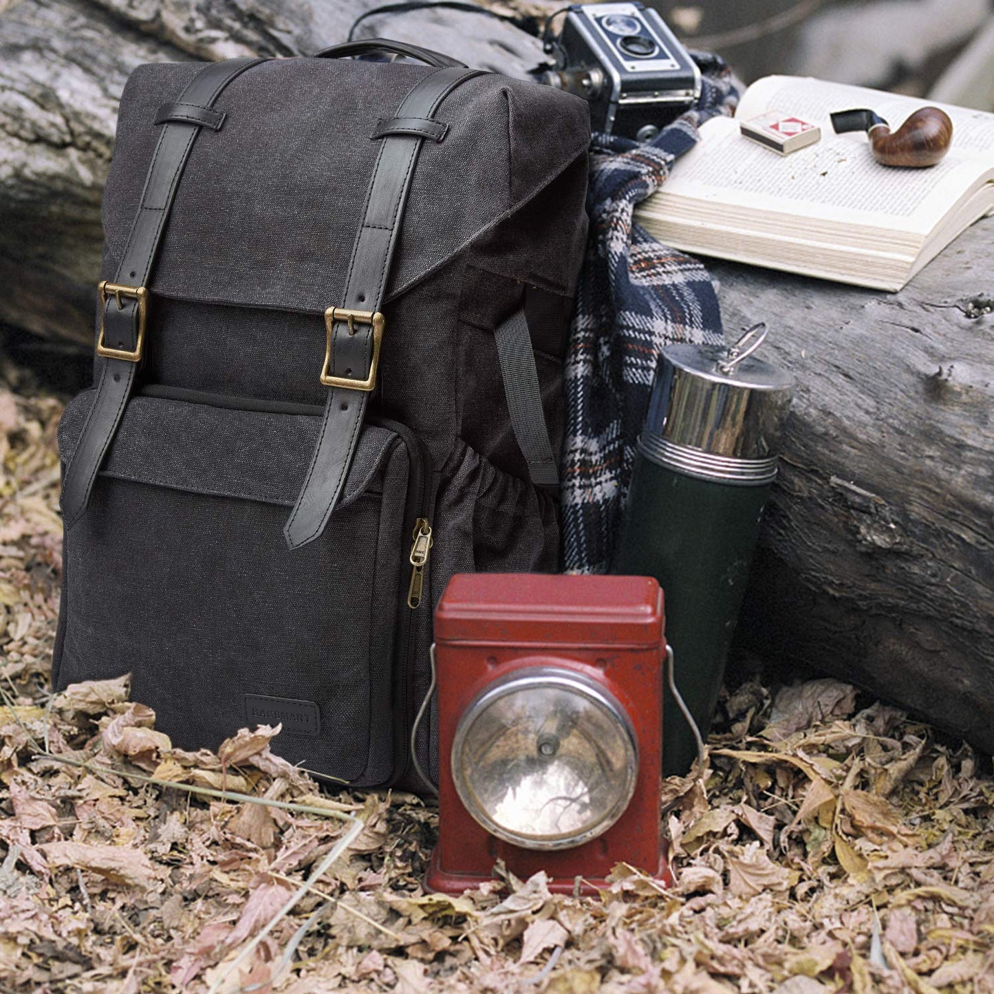 Bagsmart camera backpack for DSLR with canvas material, theft-proof and water repellent design. Fits 15 inch laptop, camera, lenses, accessories, and tripod. Includes rain cover.