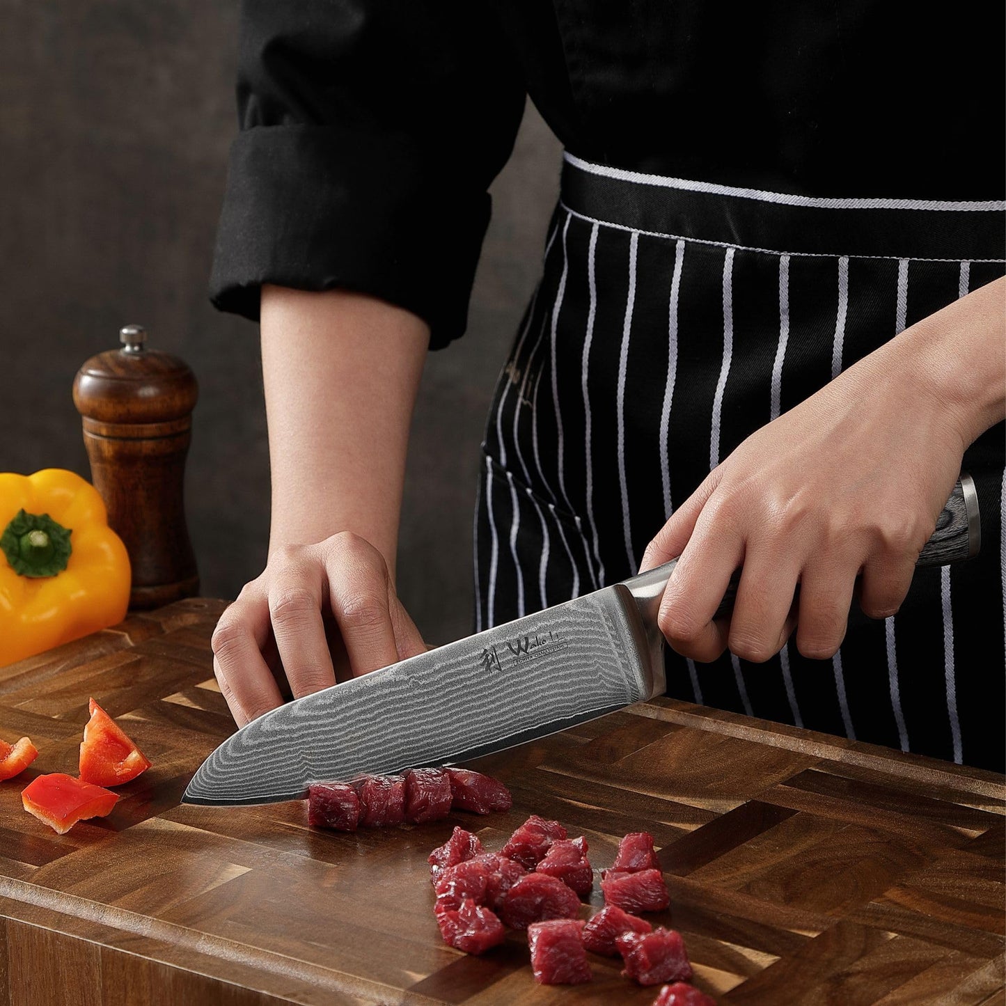Wakoli Edis Damascus Knife Set 3-piece I Santoku Knife large and small plus Vegetable Knife Utility Knife made of 67 layers of Damascus steel with VG10 core 60±2 HRC I Pakka wood handle I Kitchen knife set in wooden box