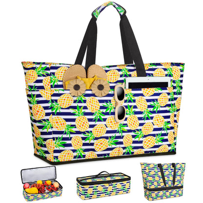 ISEYOU XXL Beach Bag Family with Cooler, Large Beach Tote with Zipper Waterproof Sandproof, Women's Handbag 49L, Foldable Beach Bag for Vacation Travel Gym Picnic