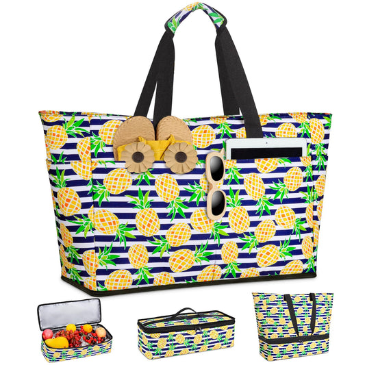 ISEYOU XXL Beach Bag Family with Cooler, Large Beach Tote with Zipper Waterproof Sandproof, Women's Handbag 49L, Foldable Beach Bag for Vacation Travel Gym Picnic