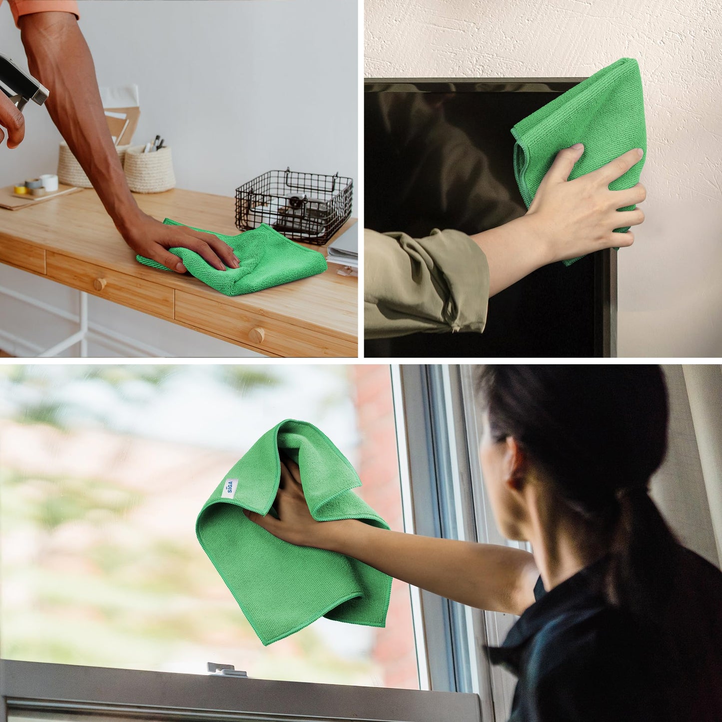 MR.SIGA Microfiber Cleaning Cloth, All-Purpose Microfiber Towels, Streak-Free Cleaning Cloths, 12 Pieces, Green, Size 32 x 32 cm