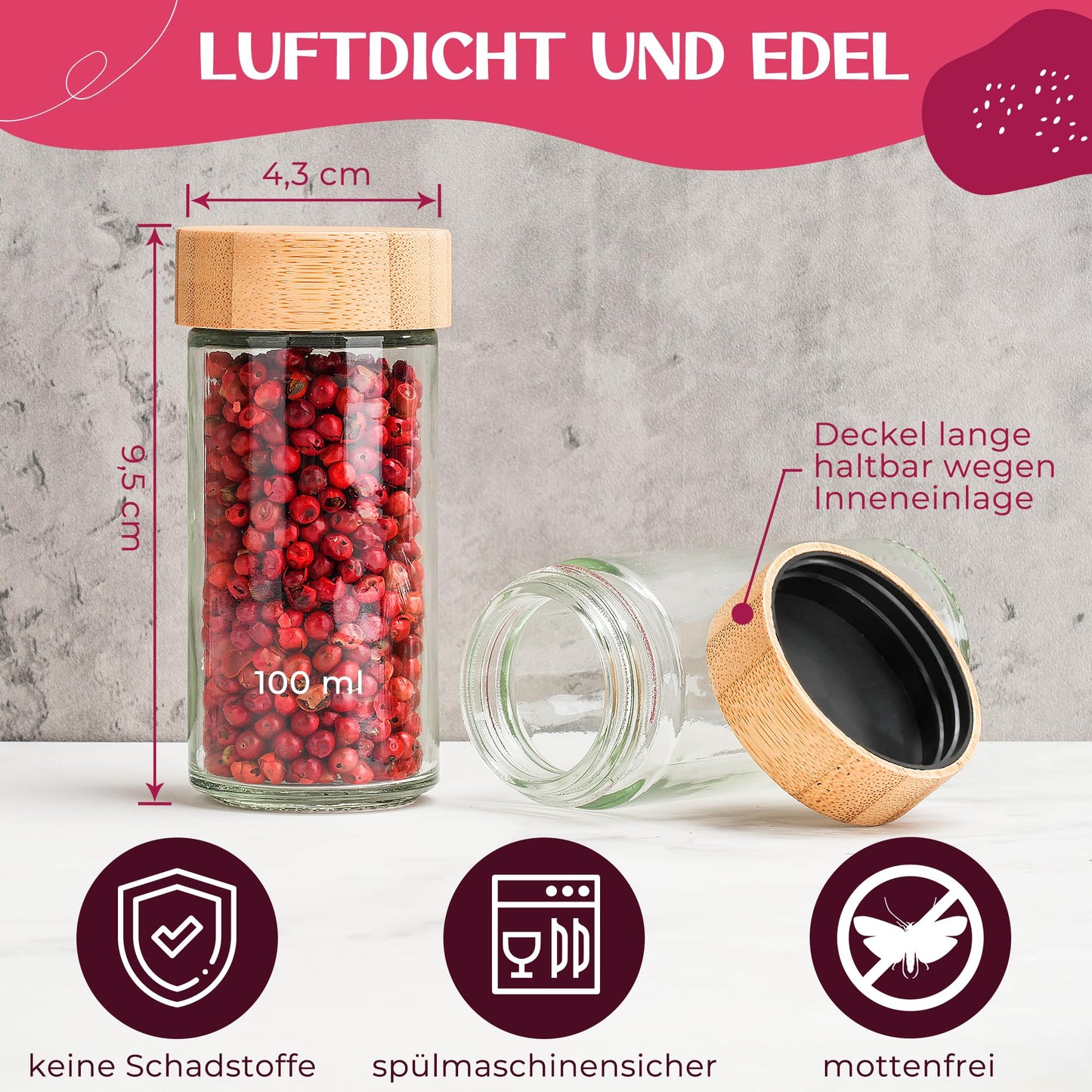 Happy Lemuro Spice Jars Round [24 x 100 ml] 435 Labels in German | Spice Containers with Wooden Lids & Accessories - Airtight - Set of 24 Spice Jars, Spice Storage Jars.