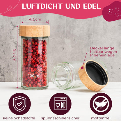 Happy Lemuro Spice Jars Round [24 x 100 ml] 435 Labels in German | Spice Containers with Wooden Lids & Accessories - Airtight - Set of 24 Spice Jars, Spice Storage Jars.