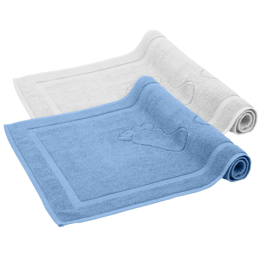 Comfortec Bath Mat Set 2 Piece, Terry Cloth Bath Mat, Washable Shower Mat & Bathroom Rug, 800 g/m² & 100% Cotton, Absorbent & Quick Drying, 50 x 80 cm, White/Light Blue