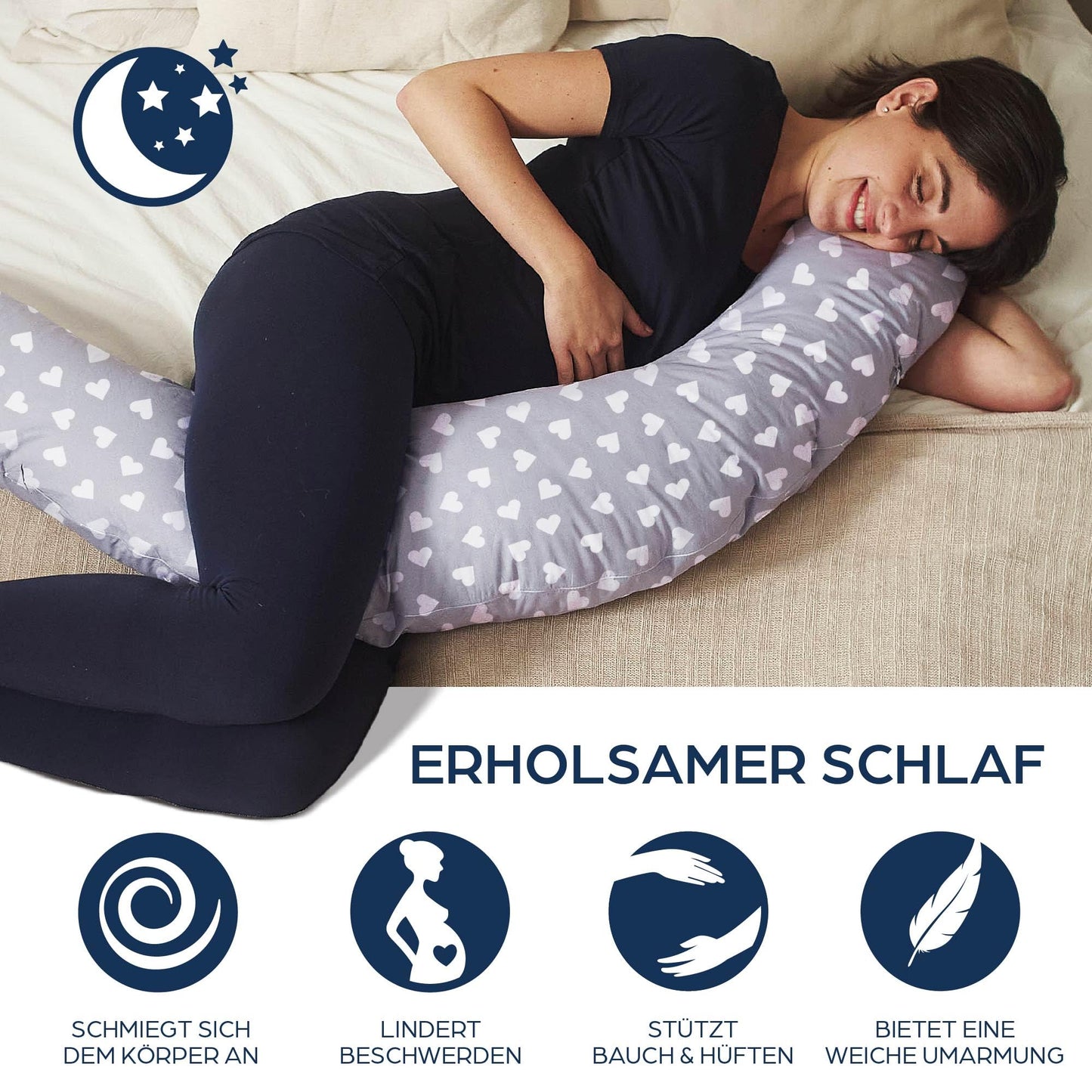Niimo XXL+ 2-in-1 Pregnancy & Nursing Pillow - Includes Support Wedge, 100% Cotton Cover with Fiber Filling, 100% Washable, Ergonomic & Multifunctional, Grey with White Hearts (200 x 70 cm)