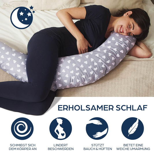 Niimo XXL+ 2-in-1 Pregnancy & Nursing Pillow - Includes Support Wedge, 100% Cotton Cover with Fiber Filling, 100% Washable, Ergonomic & Multifunctional, Grey with White Hearts (200 x 70 cm)