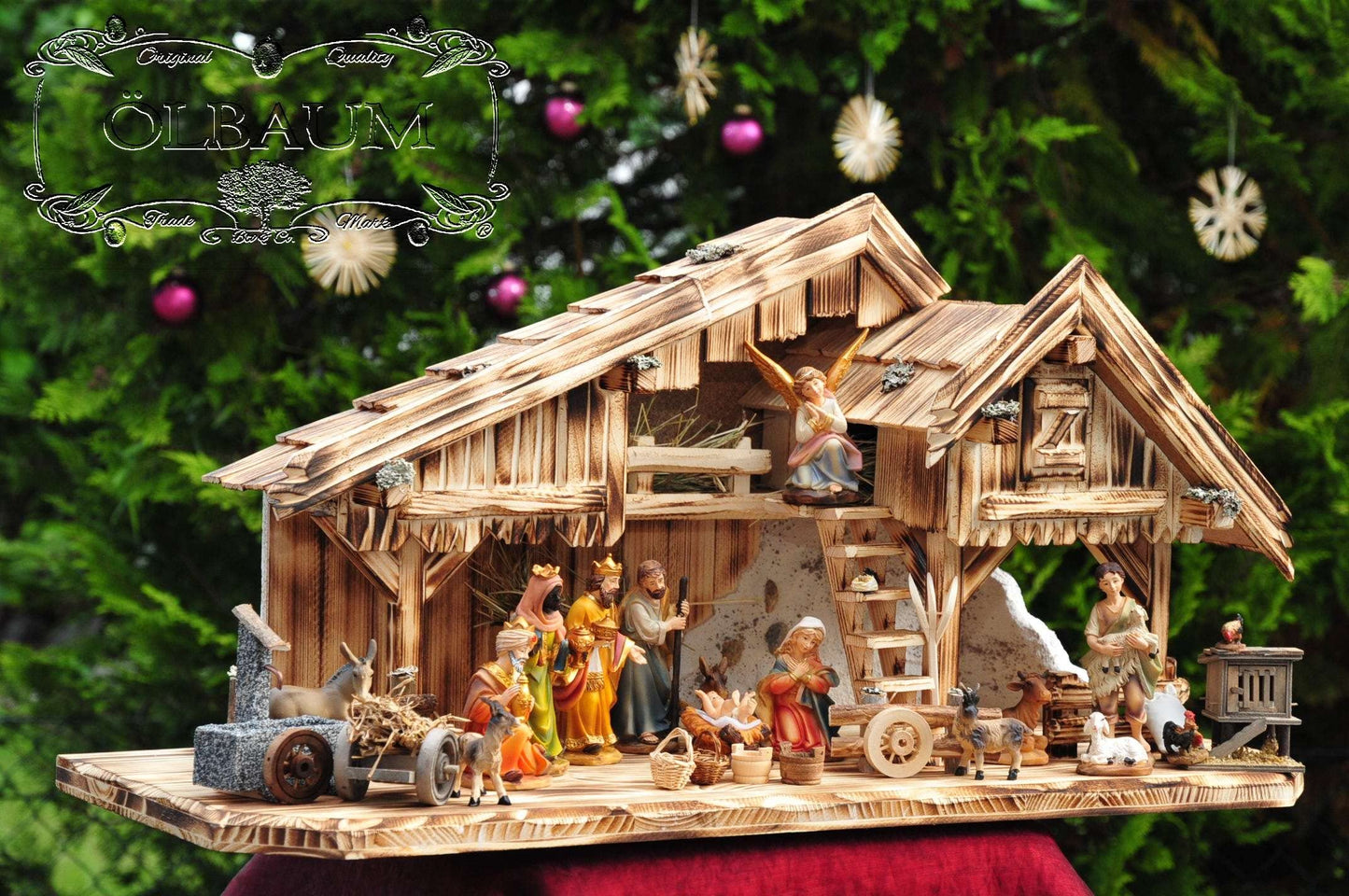 PREMIUM Christmas nativity scene, olive tree, FLAMED with GRANITE FOUNTAIN "Water Grand" + PREMIUM DECORATION SET "Nativity Stable", solid wood elegantly FLAMED - with 12 x PREMIUM Nativity figures + Angel with golden wings.