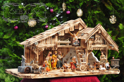 PREMIUM Christmas nativity scene, olive tree, FLAMED with GRANITE FOUNTAIN "Water Grand" + PREMIUM DECORATION SET "Nativity Stable", solid wood elegantly FLAMED - with 12 x PREMIUM Nativity figures + Angel with golden wings.