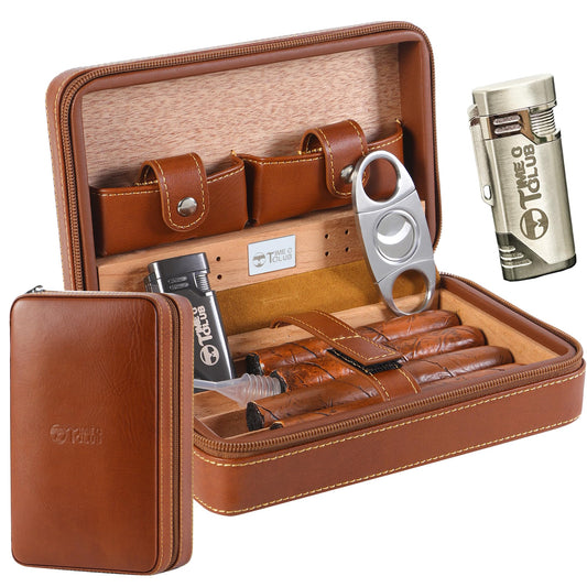 M TIME C CLUB Portable Leather Cigar Case with Cutter and Humidor - for 4 cigars - perfect for travel for groomsmen