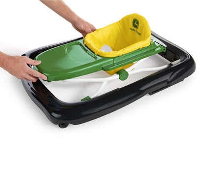 Bright Starts, John Deere Gator 4-in-1 Walk Behind Activity Toy features height-adjustable, foldable design for two kids, with sounds and lights.