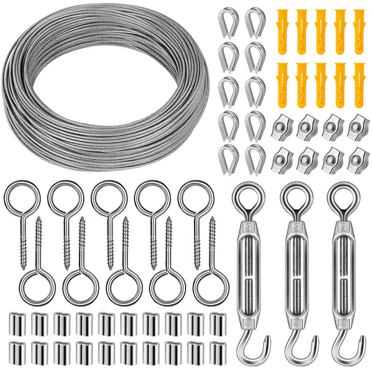 UPDOKIT 62pcs Stainless Steel Wire Rope Set, 50m Wire Rope for climbing plants, 2mm Steel Rope Coated Set with eyes, Rope Tensioner, Wire Rope Clamp for trellis, fences, and DIY projects.