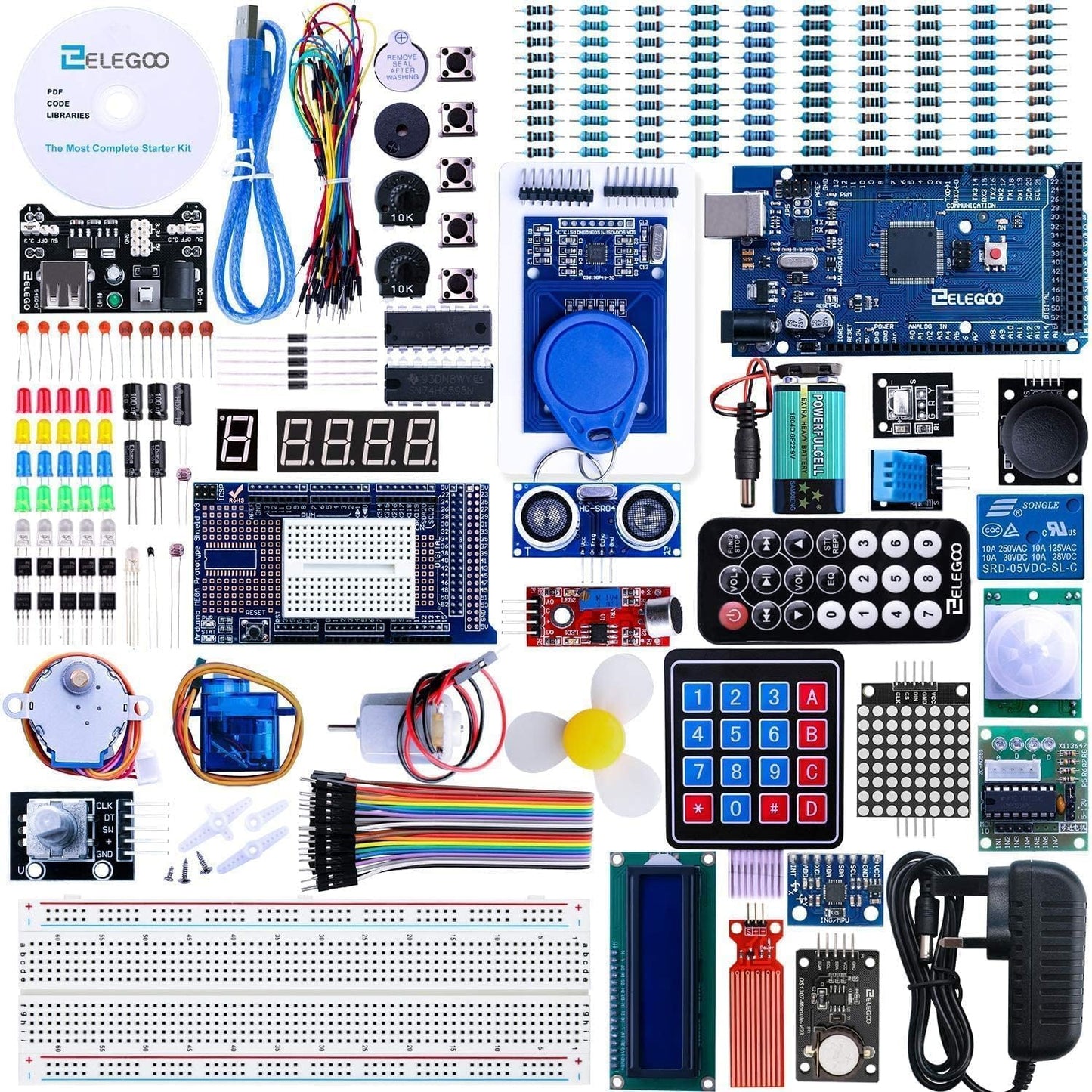 ELEGOO MEGA-R3 Starter Kit for Arduino projects. Ultimate starter kit with German tutorial, MEGA-R3 microcontroller, and various electronic accessories.