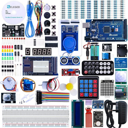 ELEGOO MEGA-R3 Starter Kit for Arduino projects. Ultimate starter kit with German tutorial, MEGA-R3 microcontroller, and various electronic accessories.