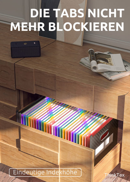 ThinkTex A4 document folder with 26 compartments, open upright and on top, A-Z index tabs with colorful dividers, suitable for school, home, and office in letter/A4 format.