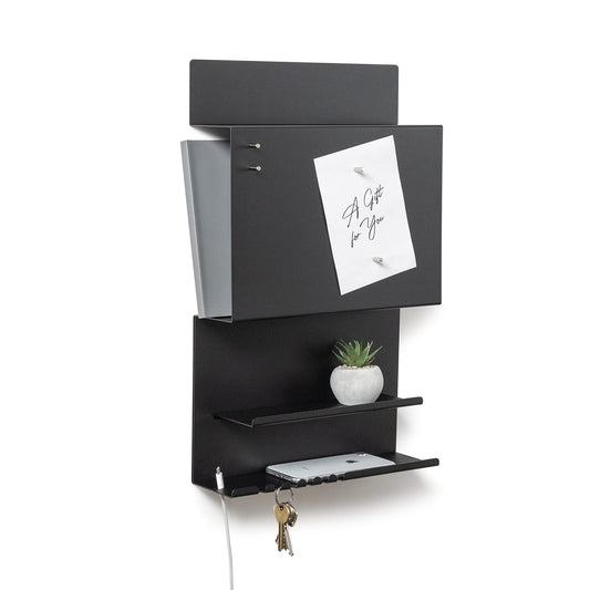 Offer wall organizer Hepe made of steel structure. 30 x 9 x 49 cm 3-in-1 wall shelf with magnetic board and magnets. Board for keys, newspapers, and notes. Black color.