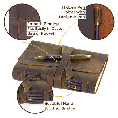 Leather diary notebook journal gift set with antique leather bookmark + pen, handcrafted writing 18x13cm unlined leather bound daily notepad for men & women travel journal
