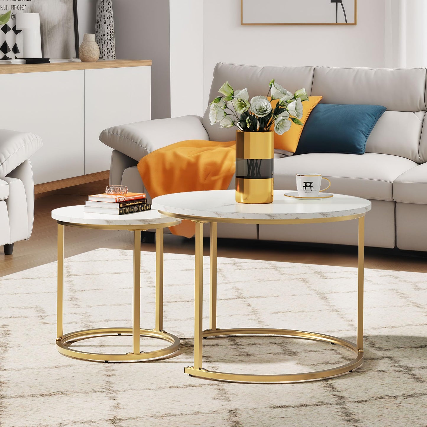 YITAHOME 2-piece Round Coffee Table Set, Modern Living Room Table, Stackable, with Storage Space, Wood Top, Metal Frame, Side Table, Cocktail Tea Center Table for Living Room, Home Office, White