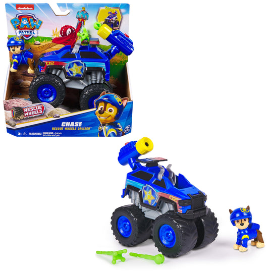 PAW Patrol Rescue Wheels - Chase's monster truck vehicle with projectile launcher and Chase figure, toy for children ages 3 and up.