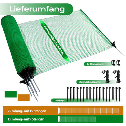 Signstek electric fence, portable fence 90 cm tall, 25m long, 15 stakes, garden net, camping fence, chicken fence, dog fence, barricade fence, stake fence, boundary fence.