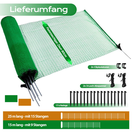 Signstek electric fence, portable fence 90 cm tall, 25m long, 15 stakes, garden net, camping fence, chicken fence, dog fence, barricade fence, stake fence, boundary fence.