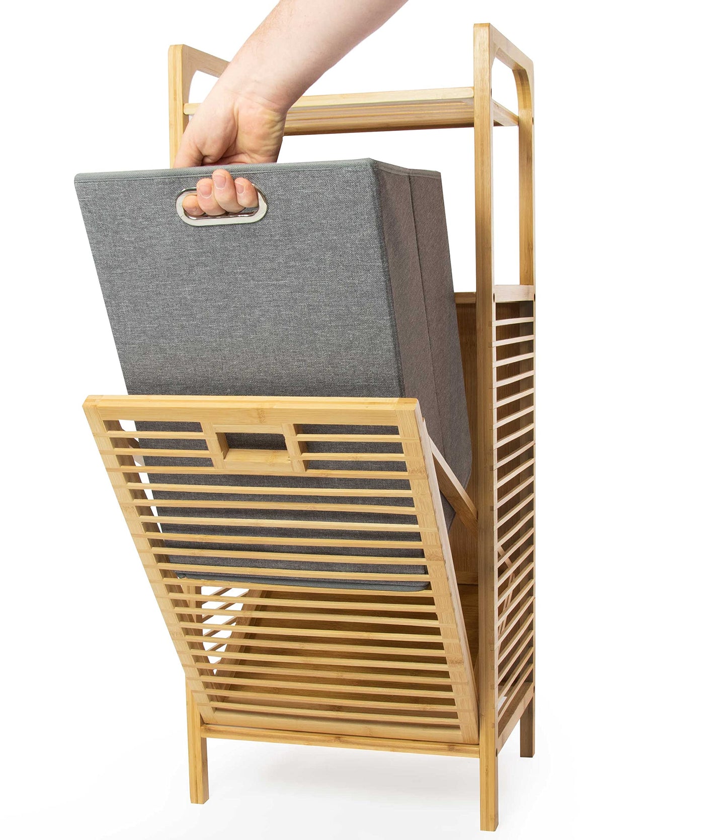 osoltus Edge laundry sorter - Bamboo bathroom shelf with foldable laundry basket - laundry cabinet - bathroom organizer - laundry sorting system - 40x30x90 cm