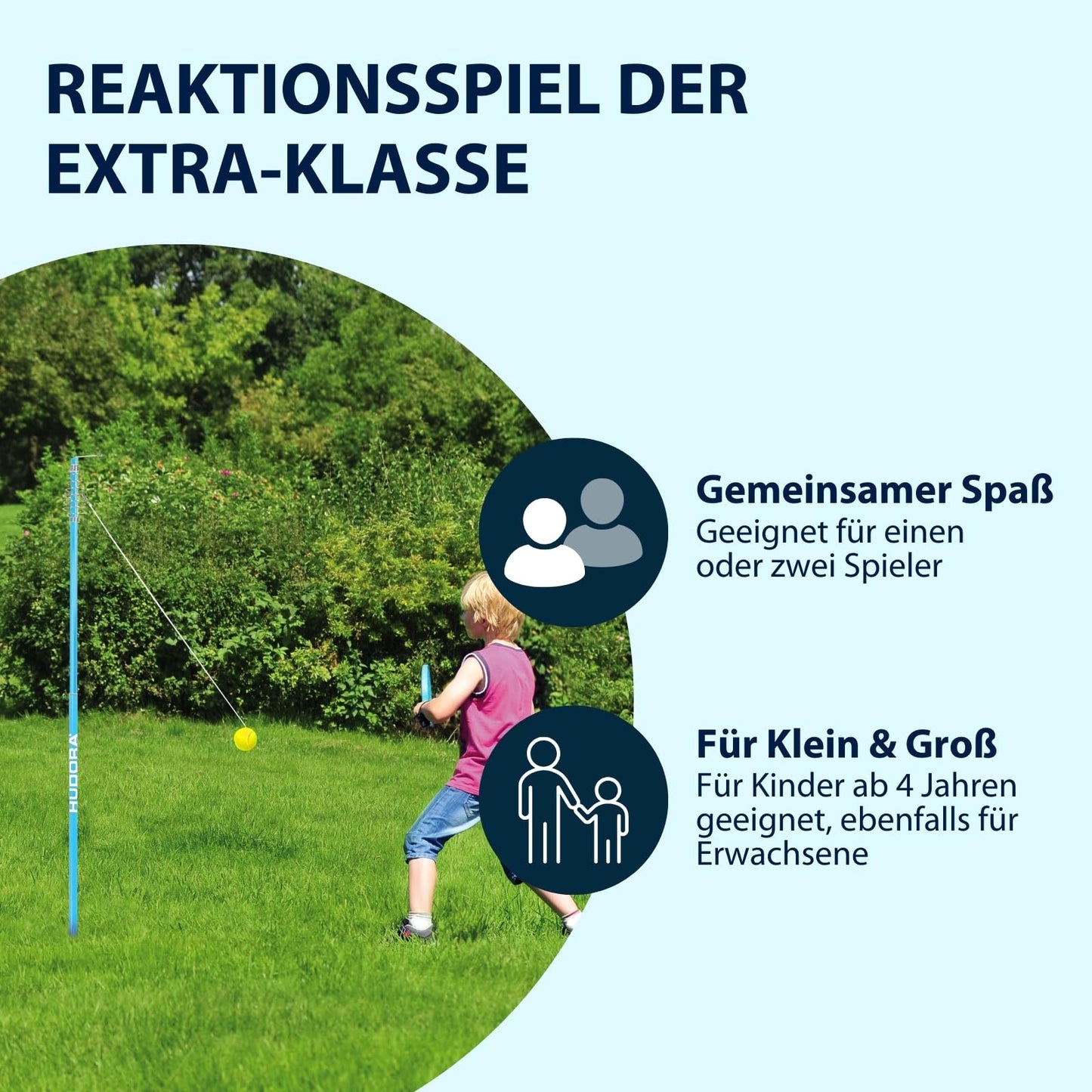 HUDORA Twistball Set including 2 rackets & 1 powder-coated pole - Tennis Trainer Set in 124-137 cm - High-quality Swingball Set with stand - Outdoor ball game for children aged 4 years and above