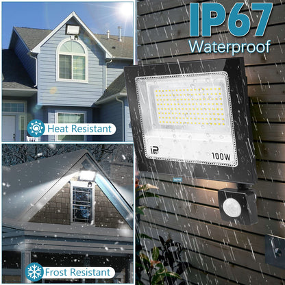 YZYFACAI 100W LED Floodlight with Motion Sensor Outdoor, Super Bright 10000LM LED Spotlight, 7000K Cold White Floodlight, IP67 Waterproof Outdoor Spotlight, for backyard, garage, hallway, garden