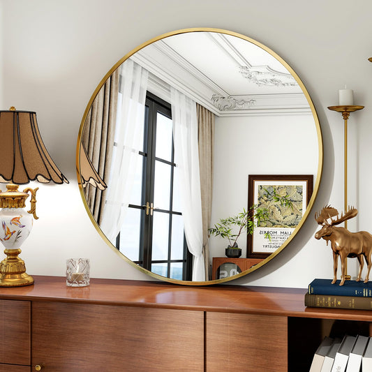 Koonmi 80cm Gold Round Mirror with Aluminum Alloy Frame for Bathroom, Vanity, Living Room, Bedroom, Entryway Wall Decor