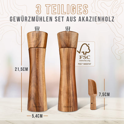 Troster® Spice Mill Set Wood - 3 piece set - Salt and Pepper Mill, Spice Shovel - Ceramic Grinding Mechanism - Large Wood Salt Mill - Large Wood Pepper Mill - Wood Salt and Pepper Mill Gift