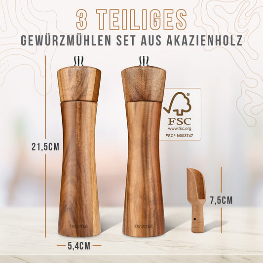 Troster® Spice Mill Set Wood - 3 piece set - Salt and Pepper Mill, Spice Shovel - Ceramic Grinding Mechanism - Large Wood Salt Mill - Large Wood Pepper Mill - Wood Salt and Pepper Mill Gift