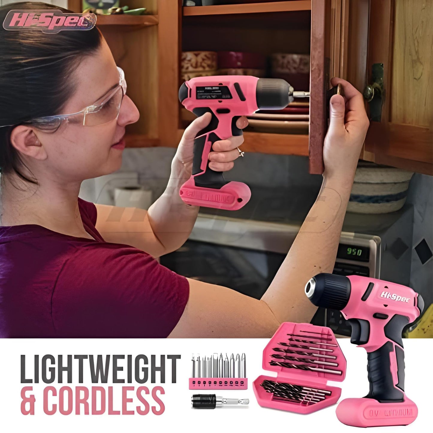 Hi-Spec 58 piece tool set in pink. Cordless drill toolbox tool kit: Tool case filled with 8V cordless drill - tools for women household workshop DIY.
