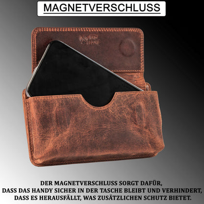 MATADOR 2in1 genuine leather phone case belt with zipper pocket #Brisbane, with elegant gift box and RFID protection. Stylish leather phone belt for smartphones up to 6.9 inches in Vintage Brown.