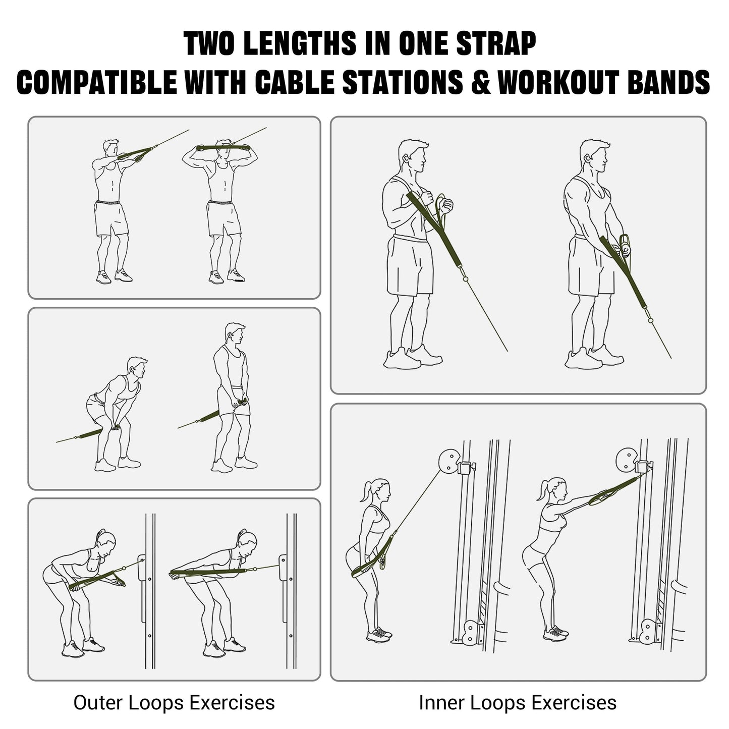 Vulken tricep rope cable attachment, 28.7 inches & 22 inches, two lengths, integrated rope, extendable, tricep extension straps, fitness equipment, green