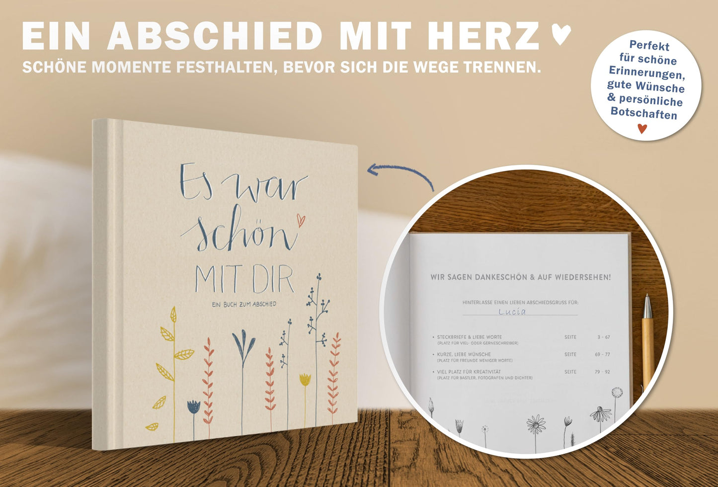 Farewell book for colleagues, teachers, friends - It was nice with you! - Entry book for free design as a farewell gift, 92 pages, Hardcover in Cream Beige, 120g FSC paper, climate neutral