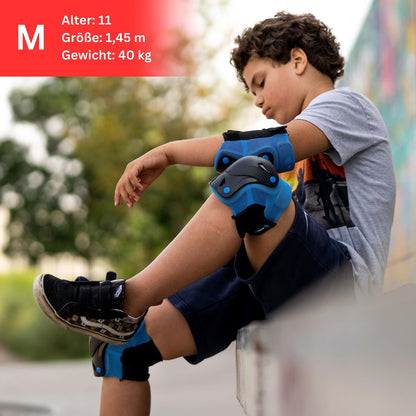 SKATEWIZ Kids Knee Pads for Inline Skating - Protective Gear Set [6 Pieces] - Knee and Elbow Pads - Safety Set for Skateboarding and Rollerblading - PROTECT-1 Blue Size S