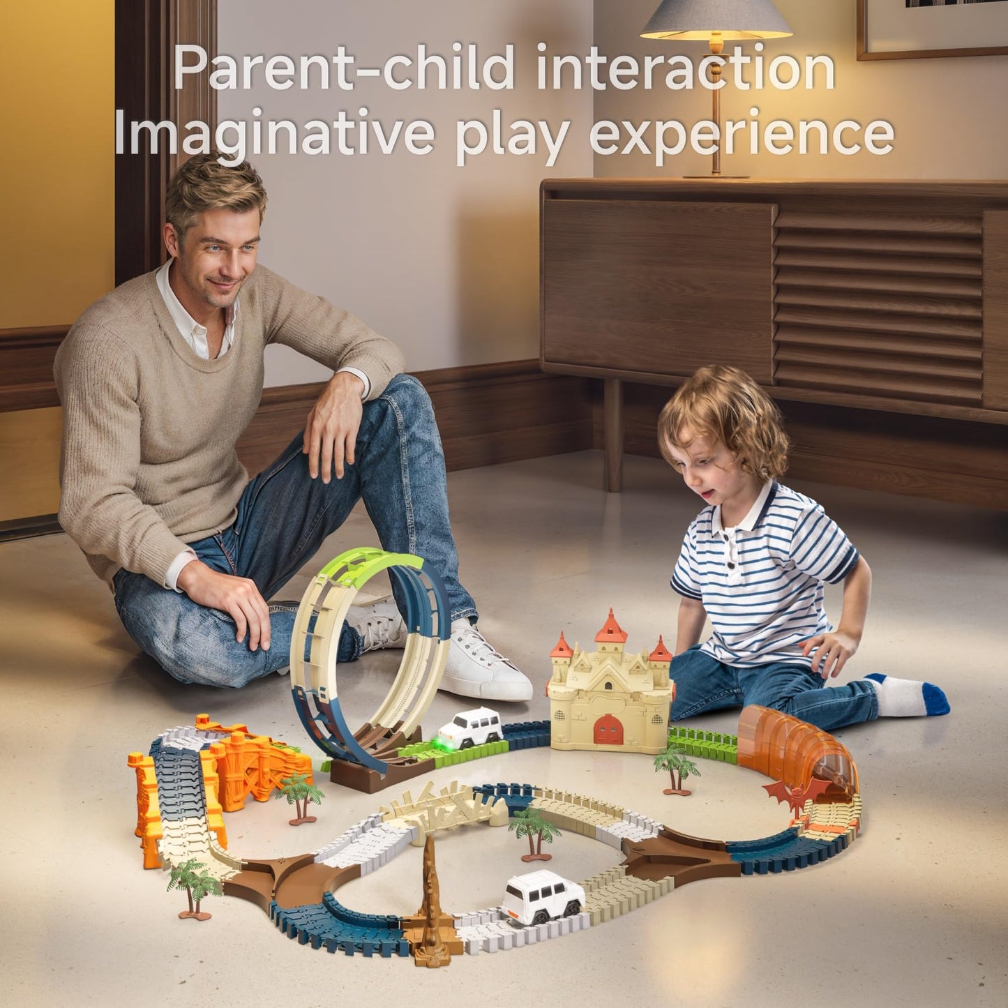 TUMAMA Children's Race Track Toy, gift for kids 3 4 5 6 7 years old. Racing toy, track toy vehicles with Magic House, Tunnel, 2 light-up electric cars.