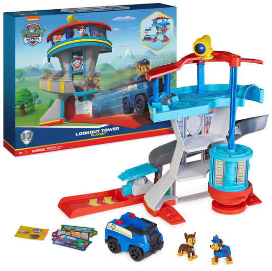 PAW Patrol Lookout Tower headquarters playset with 1 Chase vehicle base, 2 Chase figures, and accessories, suitable for children ages 3 and up.