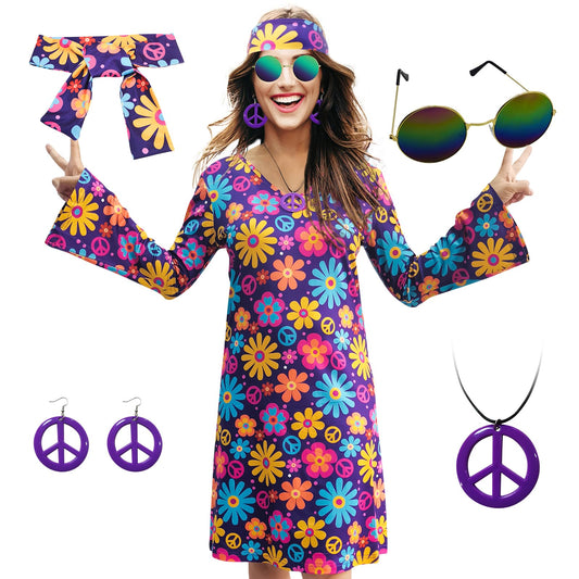 MRYUWB Women's Hippie Dress, 1970s Costume, with Necklace, Earrings, Sunglasses, Disco Outfit, 1960s Party Costume, Halloween Retro Dress, Purple, XXL.