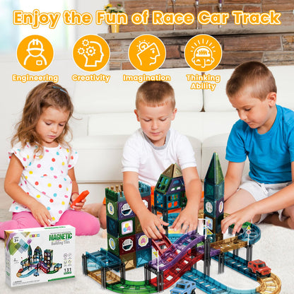 JONRRYIN 131 Piece Magnetic Building Blocks Car Race Track, Magnetic Building Blocks Set 3D Racing Car Track Magnetic Building Blocks Kids with 2 Toy Cars, Educational Toy for Children 3 Years and Up