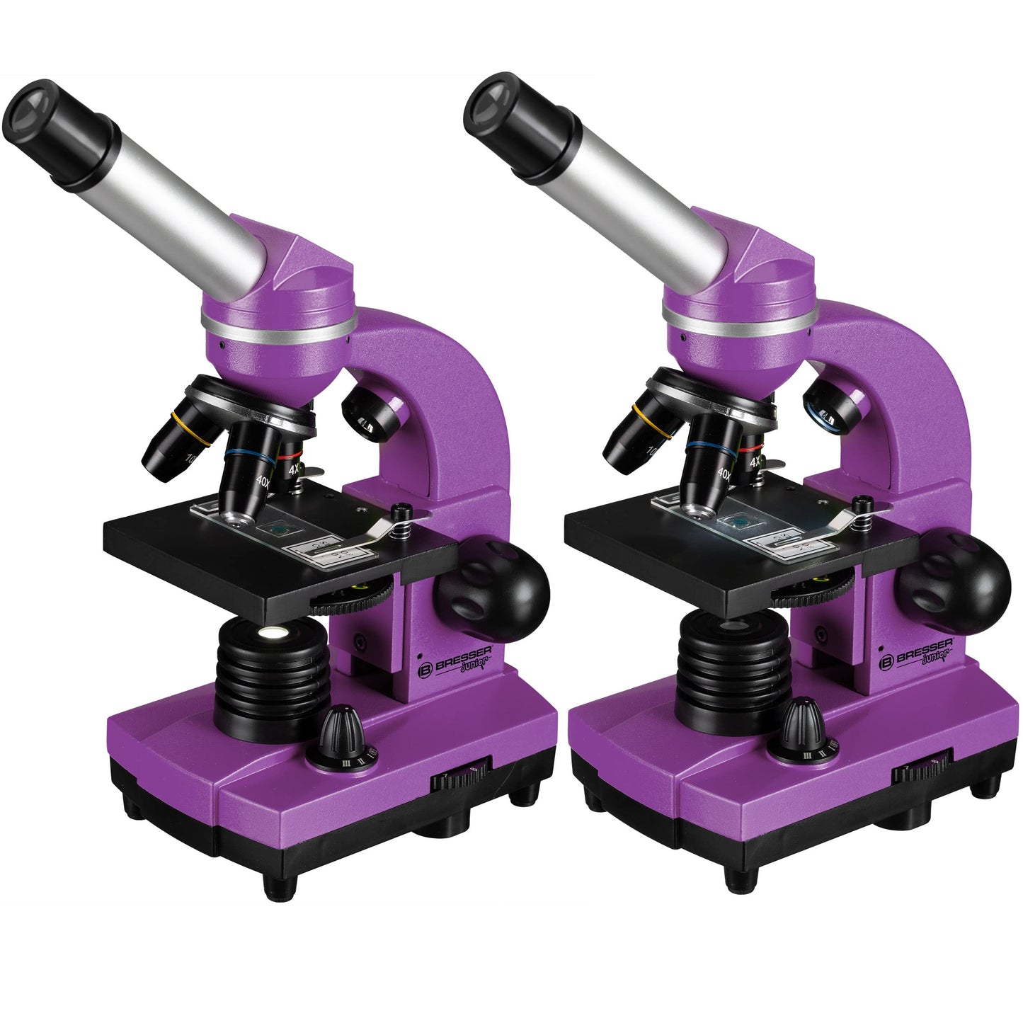 Bresser Junior Student Microscope BIOLUX SEL with smartphone holder, extensive accessories, and Barlow zoom system for children, beginners, and adults, violet.