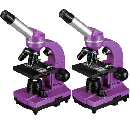 Bresser Junior Student Microscope BIOLUX SEL with smartphone holder, extensive accessories, and Barlow zoom system for children, beginners, and adults, violet.