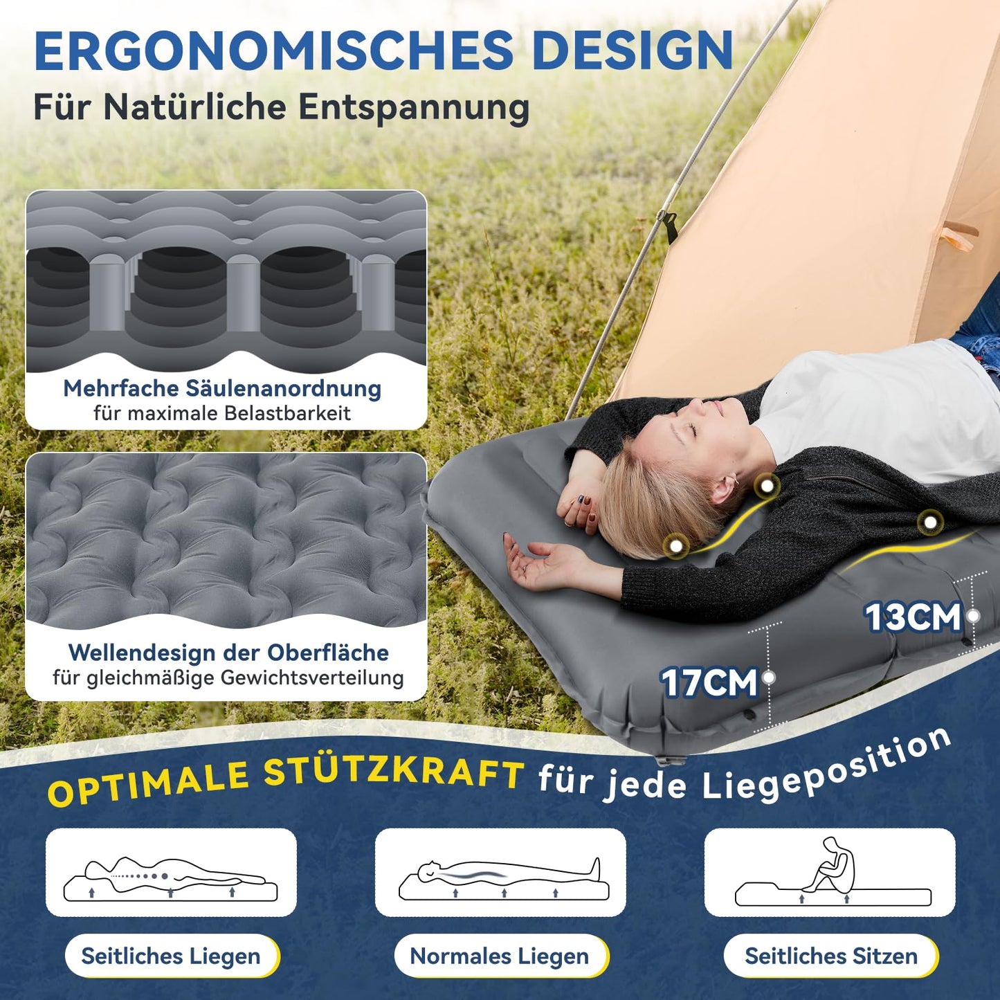 HIKENTURE Self Inflating Sleeping Pad, 13CM Thick Camping Mat with Pillow, Inflatable Air Mattress Small Pack Size, Ultralight Sleeping Mat with Foot Pump for Outdoor, Hiking, Tent - Gray