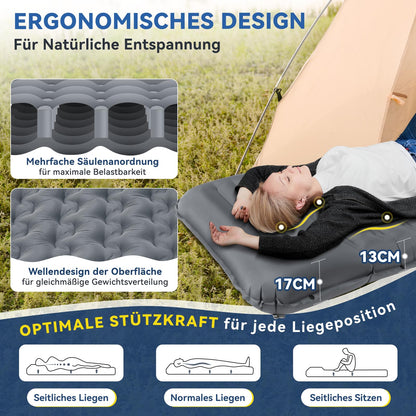 HIKENTURE Self Inflating Sleeping Pad, 13CM Thick Camping Mat with Pillow, Inflatable Air Mattress Small Pack Size, Ultralight Sleeping Mat with Foot Pump for Outdoor, Hiking, Tent - Gray