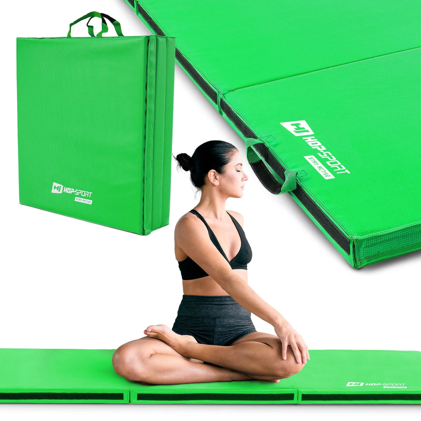Hop-Sport folding gymnastics mat - ground cushion for home 180x60x5cm - fitness mat, gymnastics mat with carrying handles and Velcro closure thickness 4cm / 5cm (green)