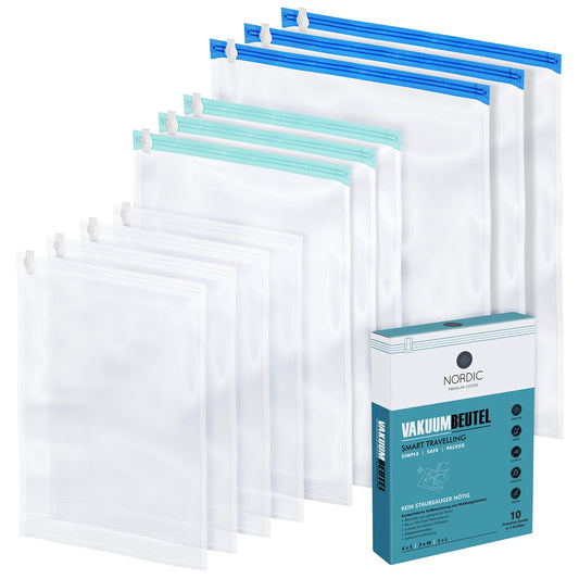 NORDIC Vacuum Bags Travel (set of 10) in 3 sizes I Compression Bags I Travel Vacuum Bags I Vacuum Bags for Clothes I Vacuum Storage Bags I Roll by Hand I No Vacuum Cleaner