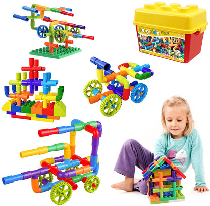 Burgkidz Pipe Tube Toys, 188 pieces of classic building blocks assembly toy with wheels and baseplate for kids. Perfect gift for boys and girls for creative learning education.